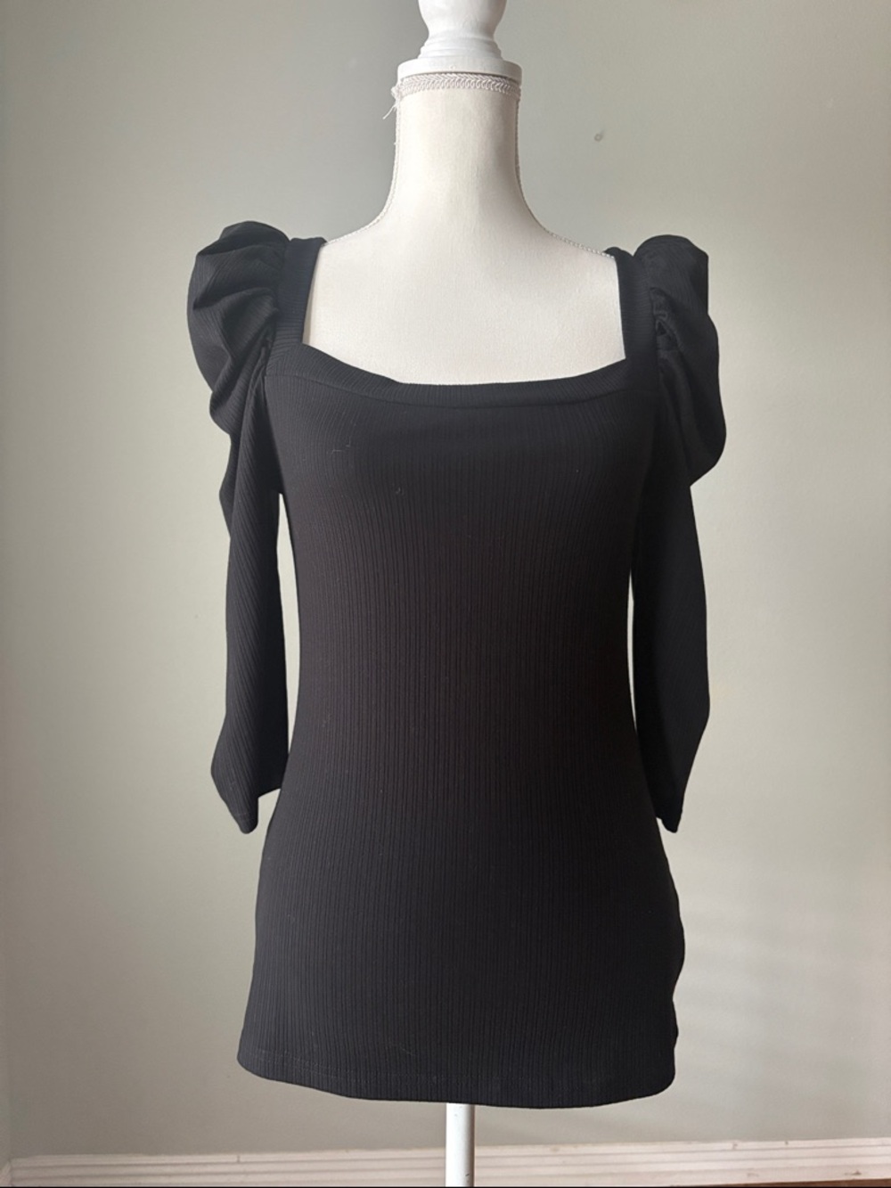 Hayden | Black Square Neck Puff Sleeve Ribbed Top